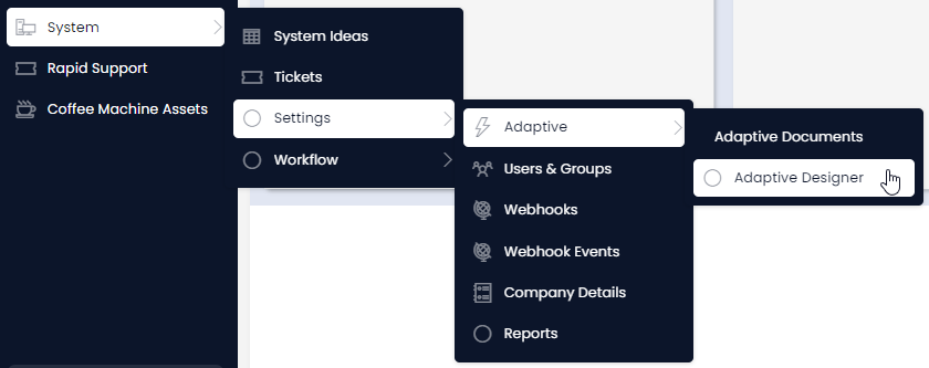 An example of opening multiple menu fly-outs. The items that the user has clicked are described in the paragraph before this image. The user&#39;s cursor now hovers over the item &quot;Adaptive Designer&quot; on the far right.